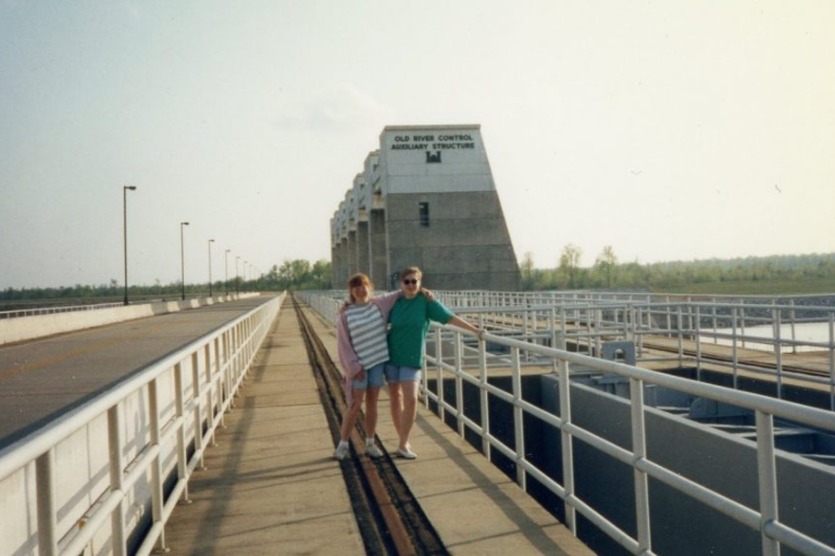 Jean Bonneville and Joanne Richardson at the Old River Control Auxiliary Structure in spring 1992. Image courtesy of John and Alta Fossum.